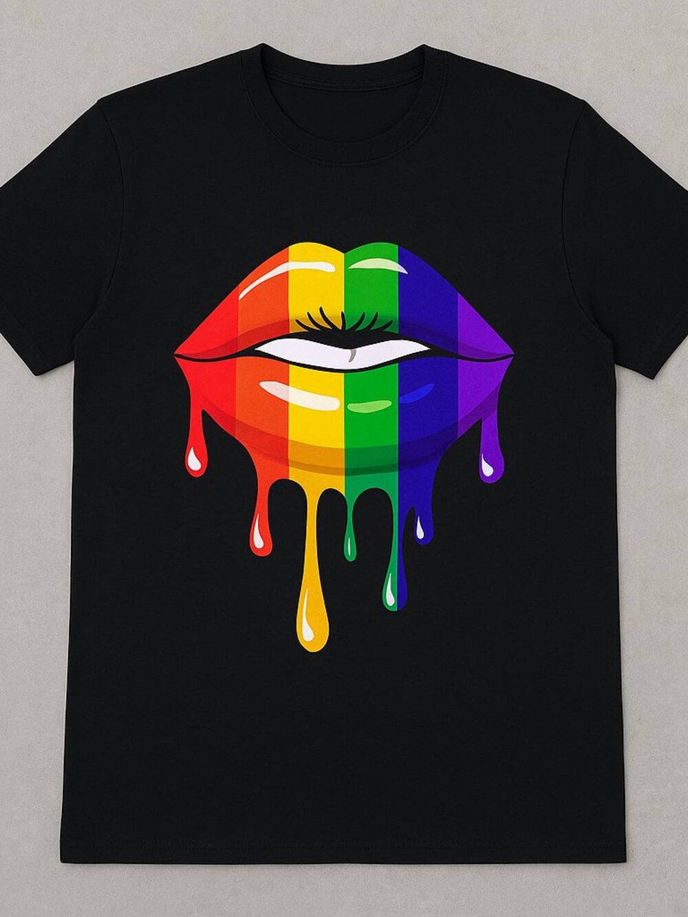 Rainbow Dripping Lips Graphic Tee | Colorful Pride Inspired Black T-Shirt